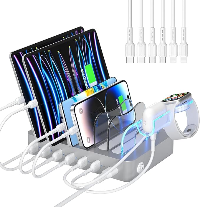 SooPii Premium 6-Port USB Charging Station Organizer for Multiple Devices, 6 Short Charging Cables and One Upgraded i-Watch Charger Holder Included, for Phones,Tablets and Other Electronics, Silver
