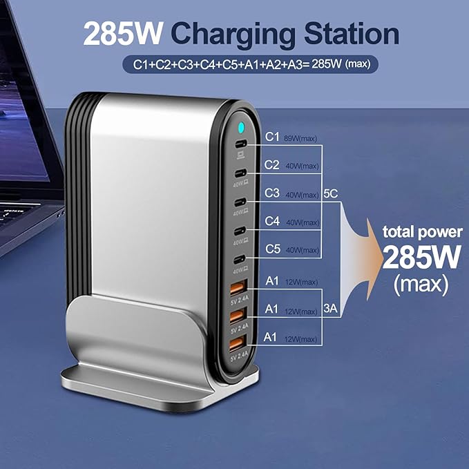 USB C Fast Charger : Fast Charging Station : 285W-8 Port Desktop Multiple Devices Power Adapter for Laptop MacBook Pro/Air, DELL, Tablet iPad Pro/Air, iPhone 16/15/14, Galaxy S23/22