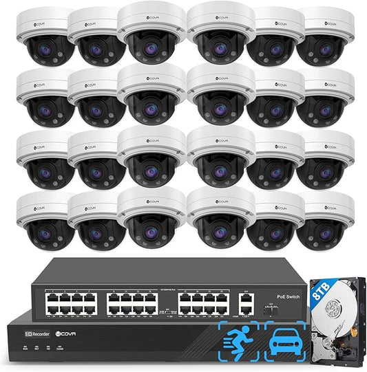 4COVR PoE AutoFocus 32 Channel Security Camera System AI Human Vehicle Detection, 24x 5MP 4X Optical Motorized Zoom IK10 Vandal-Proof Dome IP Camera IP67 with Mic, 4K UHD NVR 8TB HDD, LY57BA5M3224