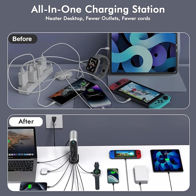 USB C Charger Block, 180W GaN 8-Port Fast Charging Station Hub for iPhone 15 14 13 12 Pro Max iPad, Galaxy S23/22 PD 65W Laptop Charger Adapter Compatible with MacBook Pro/Air,DELL,Steam Deck Multiple