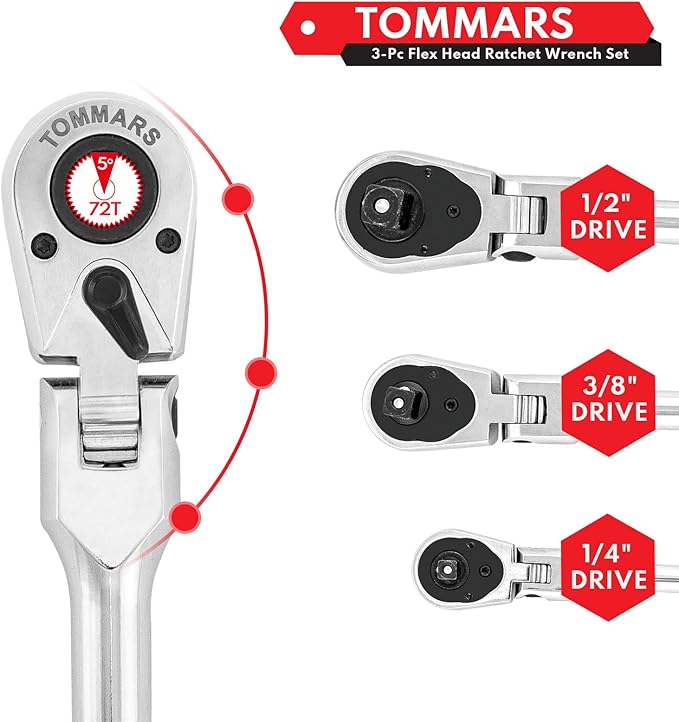 TOMMARS Flex-Head Ratchet Set, 1/4", 3/8", 1/2" Drive Flexible Ratchet Handle Wrench 72-Tooth Quick-Release Reversible