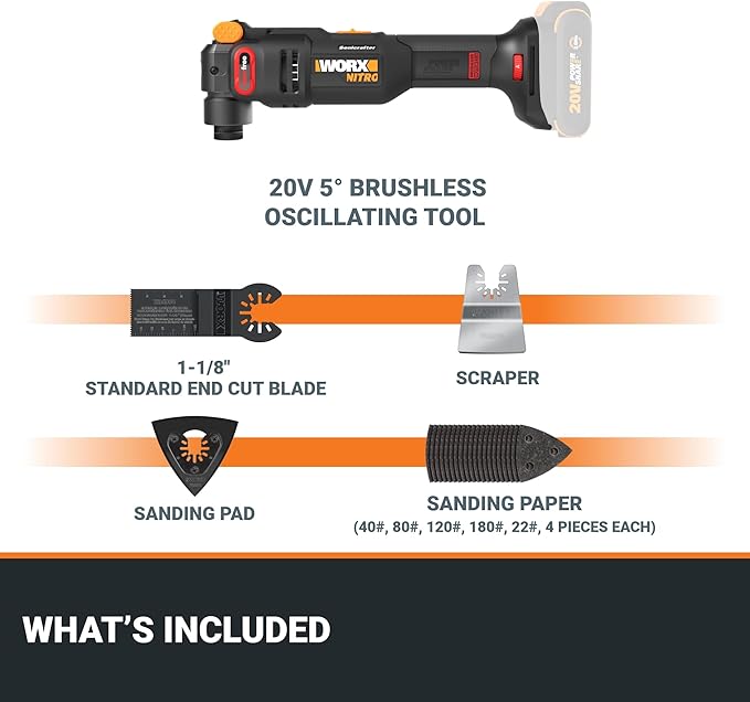 Worx Nitro 20V Cordless Oscillating Multi Tool with 5° Oscillation Angle, VibraFree Technology, Slim-body Design, Tool Only, 23 Pieces Accessories with Carrying Bag, WX698L.9