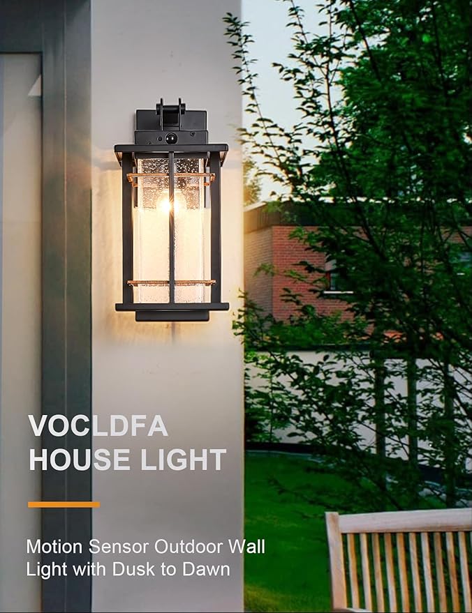 Motion Sensor Outdoor Wall Light Fixture Dusk to Dawn Exterior Wall Sconces Rustic Outdoor Wall Lamp with Seeded Glass Outside Coach Light for House Patio Garage Porch Wall Lights IP65