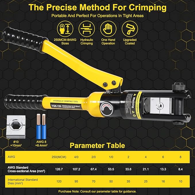12 Tons Hydraulic Crimping Tool with 8 Dies for 8AWG-4/0AWG Cables & Stainless Steel, Professional Battery Terminal & Wire Rope Crimper Kit with Portable Case