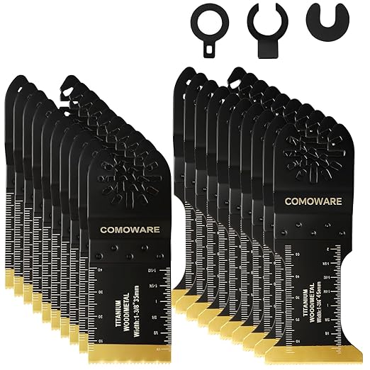 COMOWARE 20 Pcs Titanium Oscillating Tool Blade, 1-3/4” & 1-3/8” Professional Multi-Tool Blades Kit, Quick Release Durable Oscillating Saw Blades for Wood, Plastic & Soft Metal