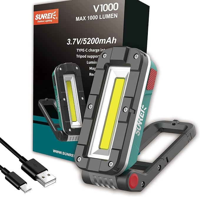 SUNREI LED Rechargeable Magnetic Work Lights COB Mechanic Lights,1100 Lumens, Magnetic Base & Hanging, 7Mode, Magnetic Flashlight Job Site & Security for Car Repair, Emergency, Gift for Men