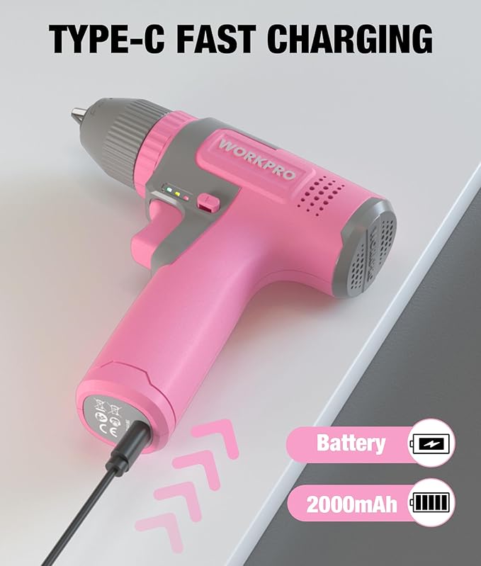 WORKPRO Pink Cordless 8V Drill Driver Set, 2Ah Electric Power Drill with 3/8'' Keyless Chuck, 15pcs Bits & 1 Type-C Charging Cord for Drilling and Screwing - Pink Ribbon