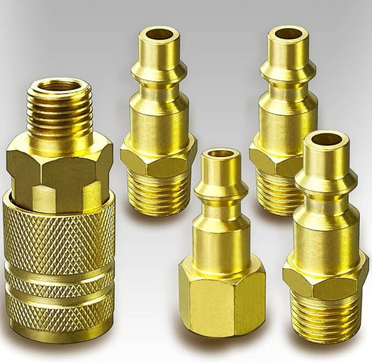 1/4" NPT Solid Brass Air Coupler and Plug Kit,Air Compressor Fittings, 1 Male Coupler and 1 Female Plug 3 Male Plugs, 5pcs Air Line Fittings Quick Connectors