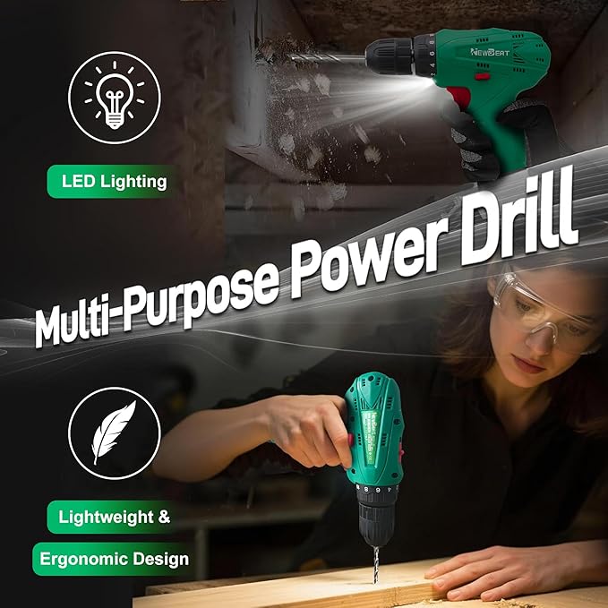 NEWBEAT Power Drill Set, 12V Cordless Drill with 2 Battery and Charger, 2 Variable Speed, 18+1 Torque Setting, Tools for Home and DIY Project