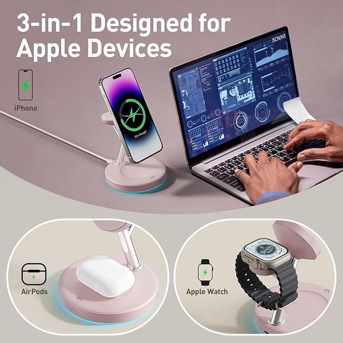 2025 3 in 1 Charging Station Compatible with Magsafe Charger Wireless Charger Stand for iPhone16 15 14 13 12 Series Wireless Charging Station for AirPods Wireless Charging Stand for iWatch Series