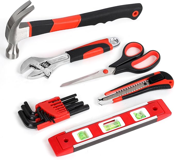 FASTPRO 220-Piece Home Tool Set, Household Repairing Tool Kit, with 12-Inch Wide Mouth Open Storage Tool Bag, Red