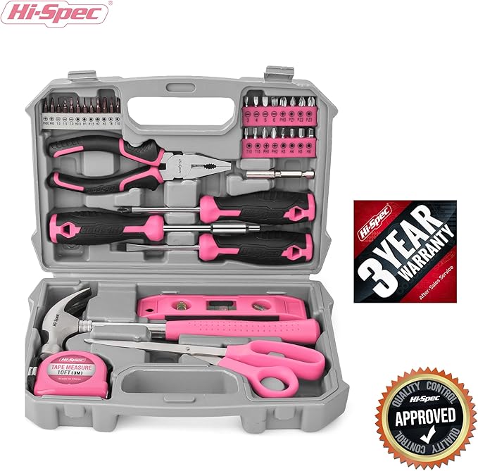 Hi-Spec 42pc Small Tool Box Set for Women. Home, Office and College Dorm Household DIY Screwdriver Toolkit of Starter Basic Ladies Pink Tools
