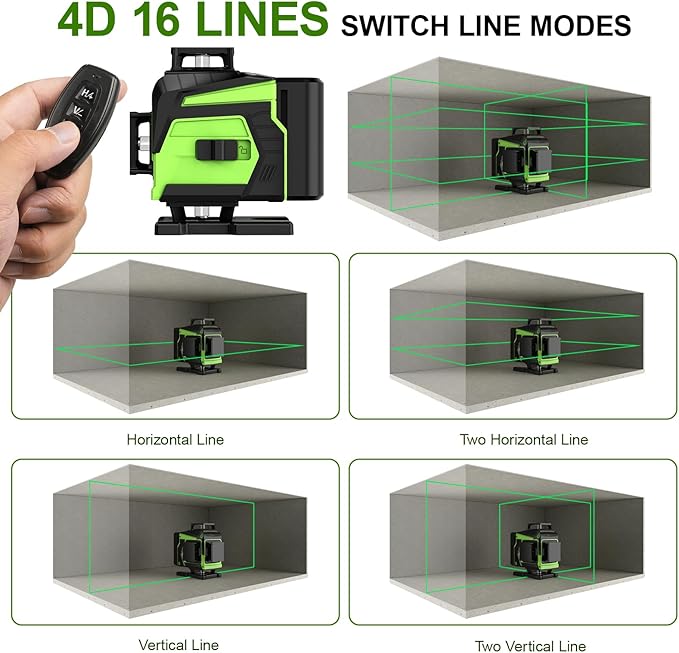 16 Line Laser Level 360 Self Leveling,Professional 4x360°Green Cross Line laser Level Tool for Construction and Picture Hanging,lazer leveler tool with 2 Batteries,Magnetic Bracket & Remote Control