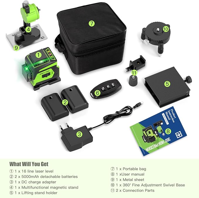 16 Line Laser Level 360 Self Leveling, 4x360°Professional 4D Green Cross Line laser Level with 2 Batteries, Adjustable Brightness & Remote Control, for Tiling Floor Construction and Picture Hanging