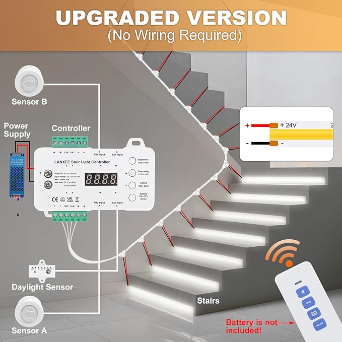 Smart Motion Sensor Stair Light for Indoor Use with Main Wire, No Wiring Required 40 inches Long COB LED Stair Lights Indoor with Remote Controller (Cool White 6000K, 16 Stairs)