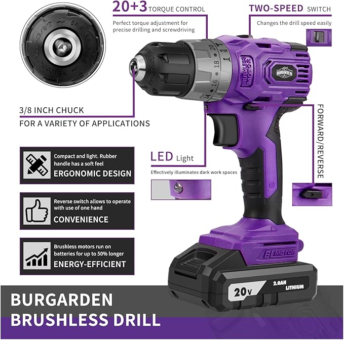 Brushless Cordless Drill Set, 20V Compact Power Driver, Purple Electric Motor, 20+3 Torque Setting, 48 N.m, 2 Variable Speed, 23pcs Driver Bits, With Tool Box