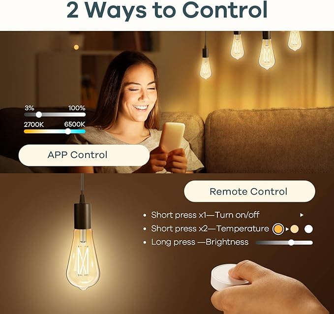 Linkind Smart Edison Bulbs, 2700K-6500K Tunable WiFi Edison Bulbs with Remote Control, 8W 60W Equivalent Dimmable ST19(ST58) Vintage Light Bulbs 800lm, Compatible with Alexa & Google Home, 6-Pack