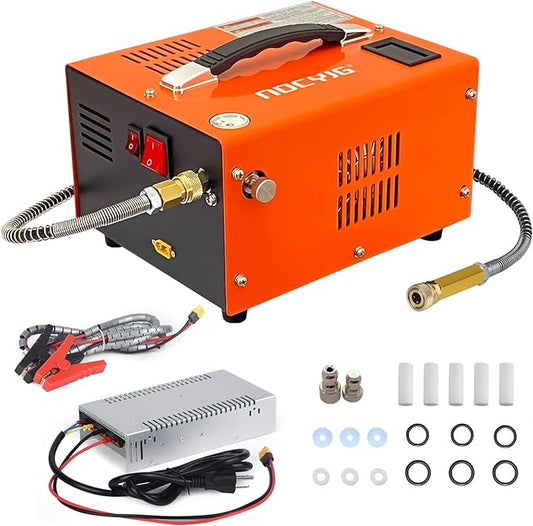 Pcp air compressor 4500PSI Portable PCP Compressor, 12V DC/110V AC PCP Airgun Compressor Manual-stop, w/External Power Adapter, Built-in Fan, Suitable for Paintball, Air Rifle, Scuba Bottle