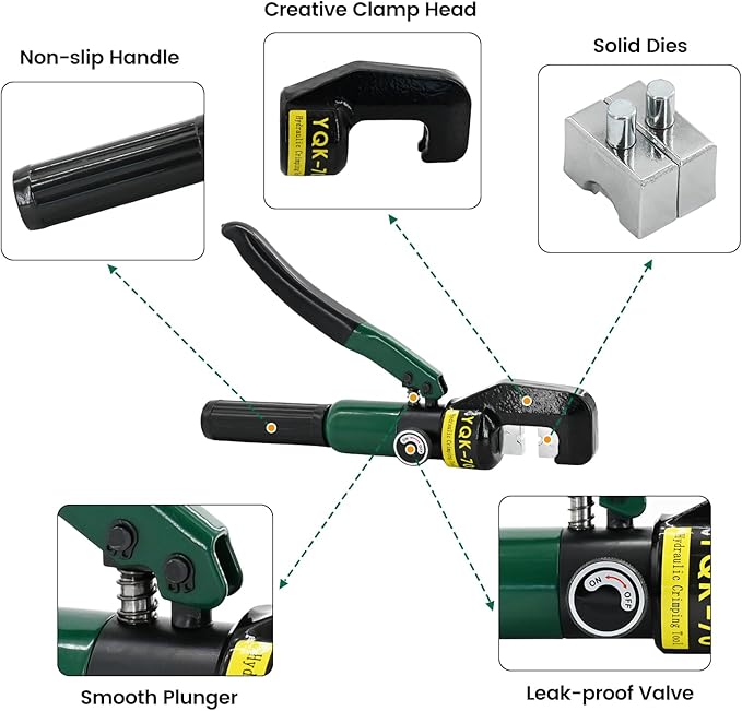 10T Hydraulic Crimping Tool 12 AWG to 2/0 AWG Battery Cable Crimper Tool Hydraulic Lug Crimper Electrical Terminal Wire Crimper with 9 Pairs of Dies Kit, Green
