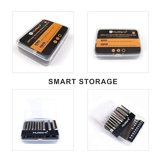 MulWark Hex Head Allen Wrench Drill Bit Set 20PC (10pc Metric & 10pc SAE), 2.3" Long 1/4" Diameter Quick Release Shank Magnetic Screwdriver Bit Set for Assembling Furniture