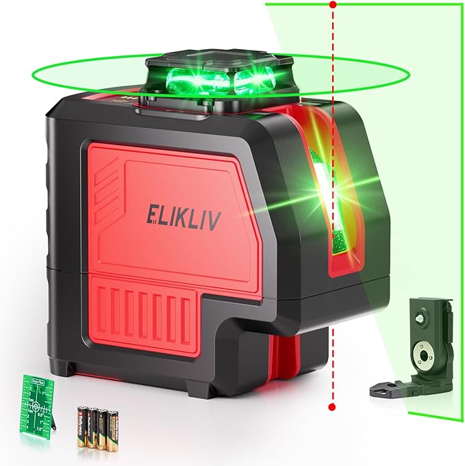 Elikliv 2 Plumb Dots 5 Lines Laser Level - 200Ft Green Laser Level Lines Tool, 360° Horizontal Green Line & 120° Vertical Laser Line, Laser Level 360 Self Leveling for DIY (Red)