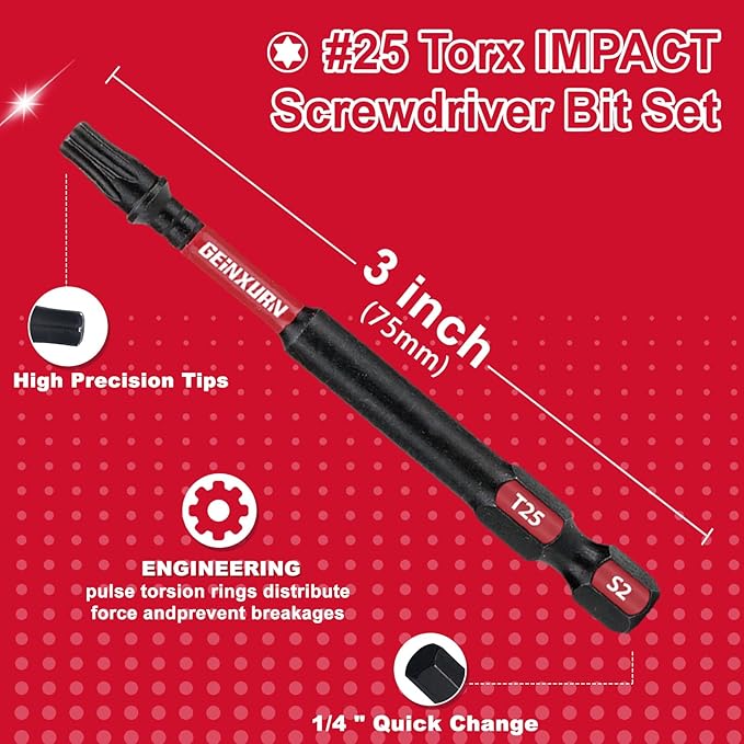 10 Pieces 3 In. T25 Impact Tough Magnetic Screwdriver Bit Set, #25 Torx Head Power Bits, S2 Alloy Steel Star Bits with Storage M-Box