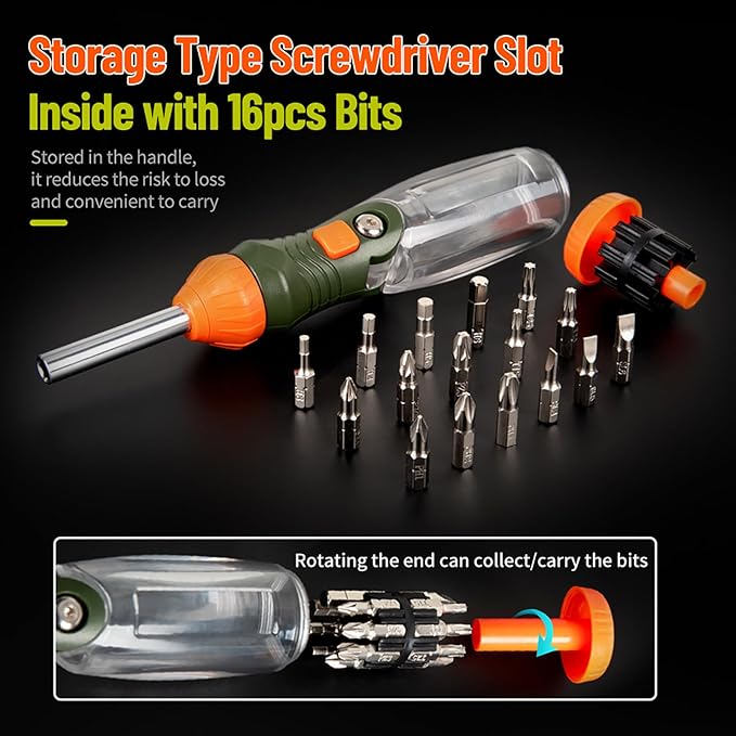 16-in-1 Multibit Ratcheting Screwdriver - All in One Screwdriver Set with Flat Head/Philips/Torx/Hex/Square/Repair Kit, 60 Degree Pivoting Adjustable Angle Magnetic Screw Driver Set (Orange)