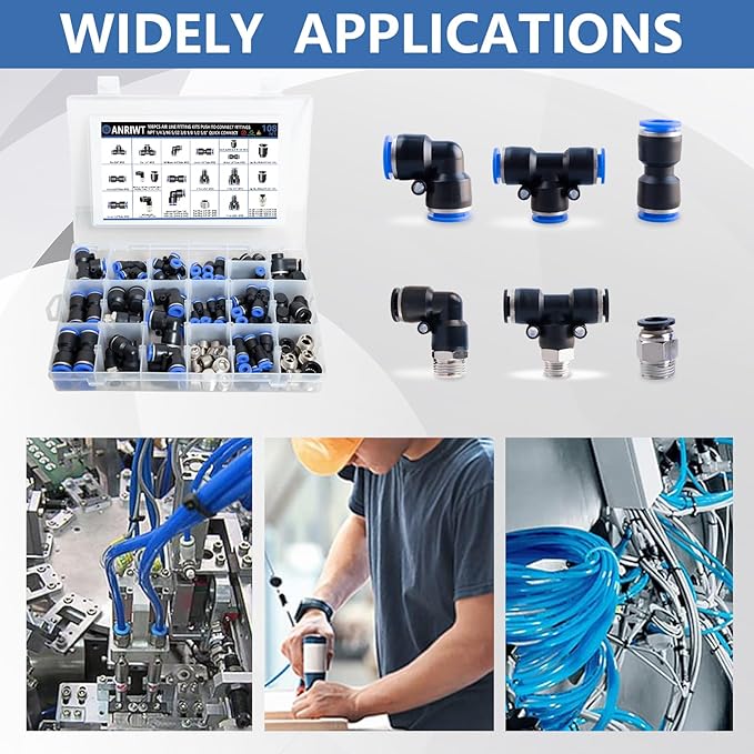 108Pcs Quick Connect Air Hose Fitting Kit, NPT 1/4,3/16, 5/32,3/8,1/8,1/2,5/8" Push To Connect Fittings Air Line Pneumatic Fittings Kit Connectors for Automotive Car or Industrial Workshops