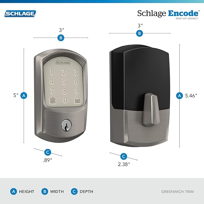 SCHLAGE BE489WB GRW 619 Encode WiFi Deadbolt Smart Lock, Keyless Entry Touchscreen Door Lock with Greenwich Trim, Satin Nickel