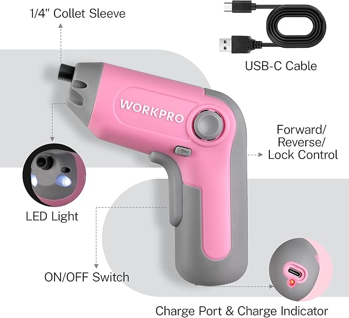 WORKPRO Electric Cordless Screwdriver with Offset Driving Shaft, 3.6V Automatic Rechargeable Screw Driver with 22PCS Bits, Battery Powered Automatic Screw Gun with LED Light & Carry Case - Pink Ribbon