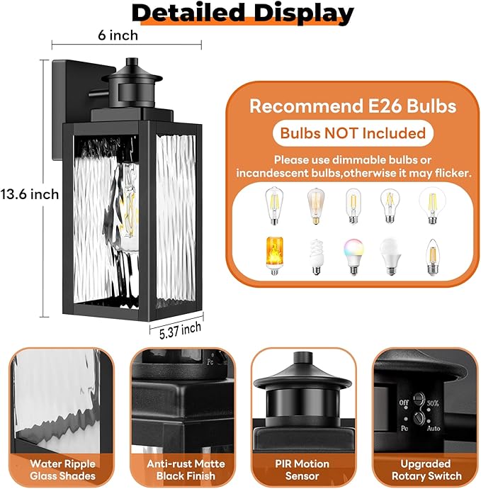 13.6" Motion Sensor Outdoor Wall Sconce Lantern, Exterior Waterproof Wall Lights Fixtures with Water-Rippled Glass, Black Outside Mount Lighting for House, Porch, Garage, Patio, Bulbs Not Included