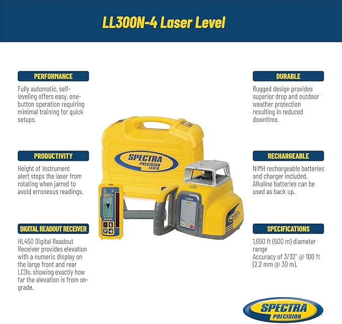 Spectra Precision LL300N-4 Laser Level, Self Leveling Kit with HL450 Receiver, Clamp, and NiMH Rechargeable Batteries, Yellow
