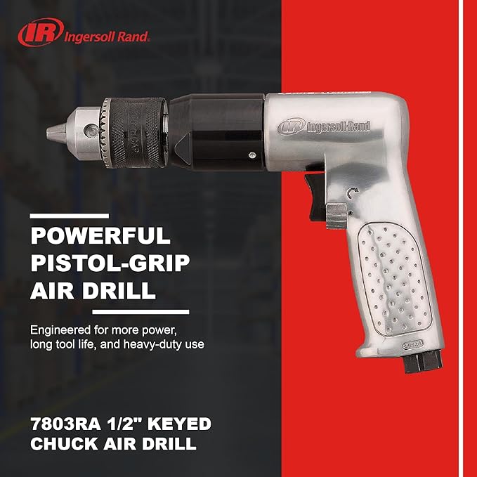 Ingersoll Rand 7803RA 1/2” Reversible Pneumatic Air Drill, Heavy Duty, 400 RPM, Variable Speed Throttle, 5HP Motor, Quick Reverse Lever