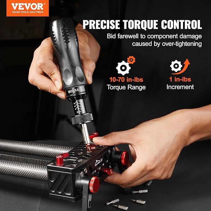 VEVOR Torque Screwdriver, 1/4" Drive Screwdriver Torque Wrench with Scale, 10-70 in/lbs Torque Range, 1 in-lbs Torque Increment, with Bits & Case