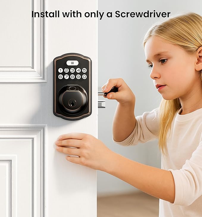 Veise Fingerprint Door Lock, Keyless Entry, Auto Lock, Electronic Keypad Deadbolt for Front Door, Biometric, Anti-Peeking Password, Easy Install, Oil Rubbed Bronze