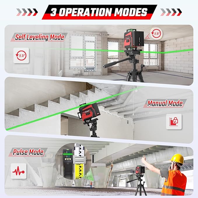 Laser Level with Tripod, 4x360° Green Line Laser Tool with Self-Leveling & Manuel Models, Remote/Touch Control, Rechargeable Battery for Picture Hanging, Tile, Home Renovation (Bag Included)