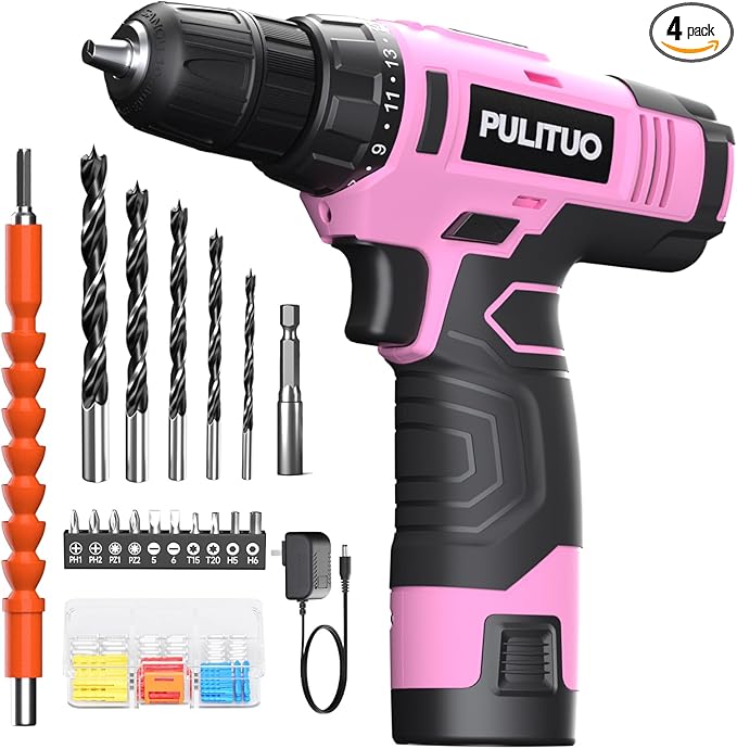 PULITUO 12V Pink Cordless Drill Set Power Drill Kit with Battery and Charger,electric drill home improvement,3/8-Inch Keyless Chuck,Built-in LED,21+1 Torque Setting small drill