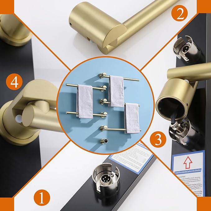 Heated Towel Rack Concealed Smart, 93W Swivel Electric Towel Warmer for Bathroom, Built-in Modular Electric Towel Rack with Timer, Thermostat, LED Display, APP, 5 Bars 180° Rotation, Hardwired, Gold