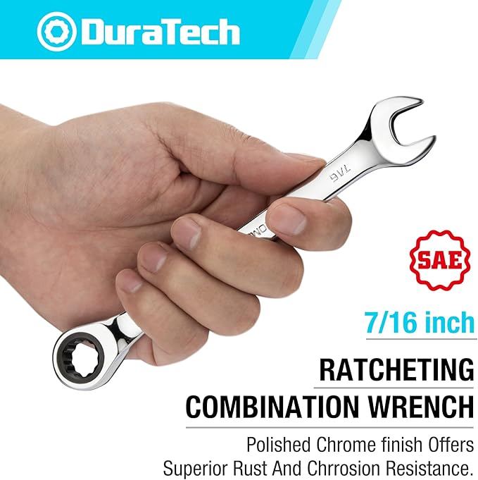 DURATECH 7/16" Ratcheting Combination Wrench, SAE, 72-Tooth, 12-Point, CR-V Constructed with Mirror Polish