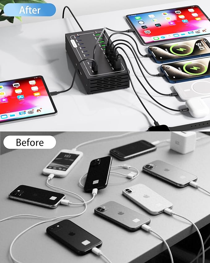 550W USB Charging Station, 20 Port Fast Charging Station for Multiple Devices, PD3.0/QC4.0 Multi-Protocol, Smart Power Delivery & Overload Protection for iPhone, iPad, Tablet, and More