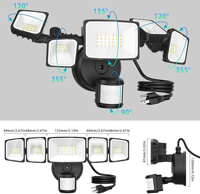 55W LED Flood Light Outdoor Motion Sensor with Plug, 5000LM LED Security Light with Remote Control, IP65 Waterproof, 6500K Flood Light for Yard Garage Garden Driveway Backyard(Black)