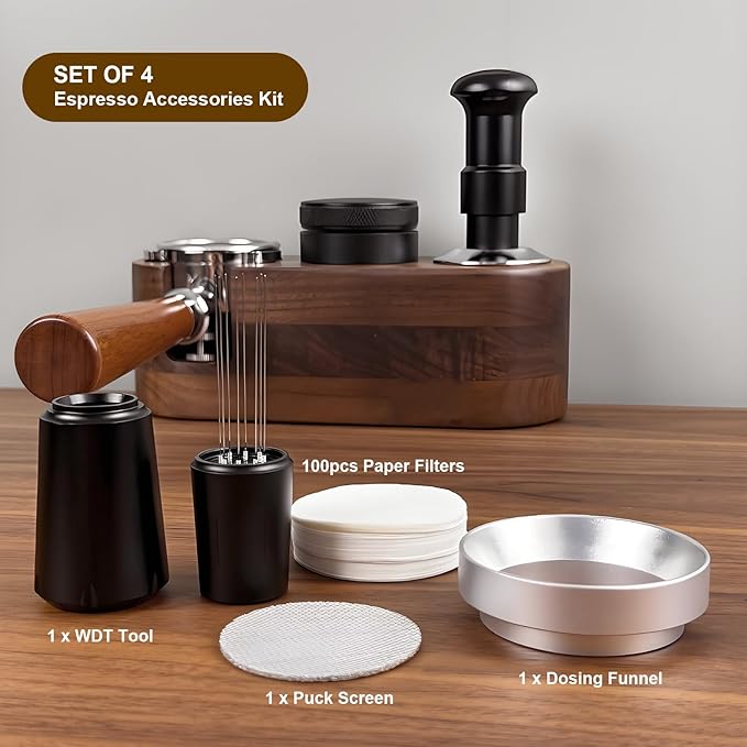 Espresso Distribution Tool 54mm – WDT Tool with 8 Needles & Stand, Espresso Funnel, Puck Screen, Filter Papers, Complete 54mm Espresso Accessories Kit for Home Baristas