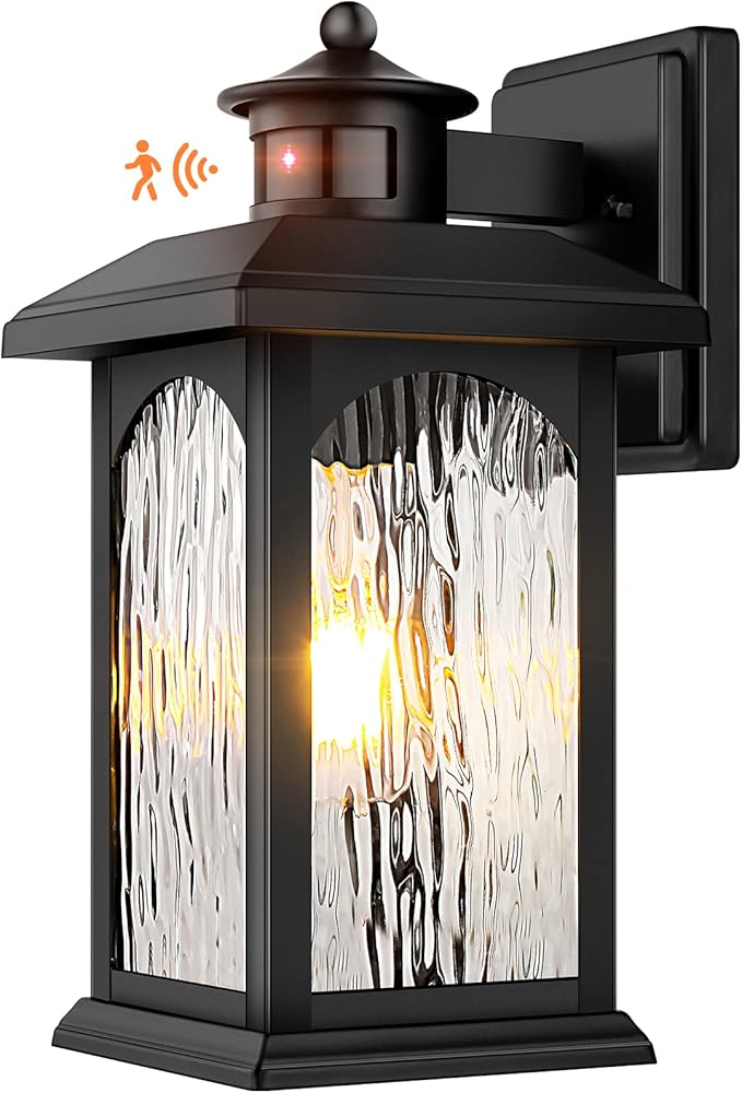 Motion Sensor Outdoor Wall Lantern, Updated Dusk to Dawn Outdoor Lighting, Exterior Light Fixtures, Black Porch Lights & Outside Wall Sconces with Water Rippled Glass for Patio Garage Entryway House