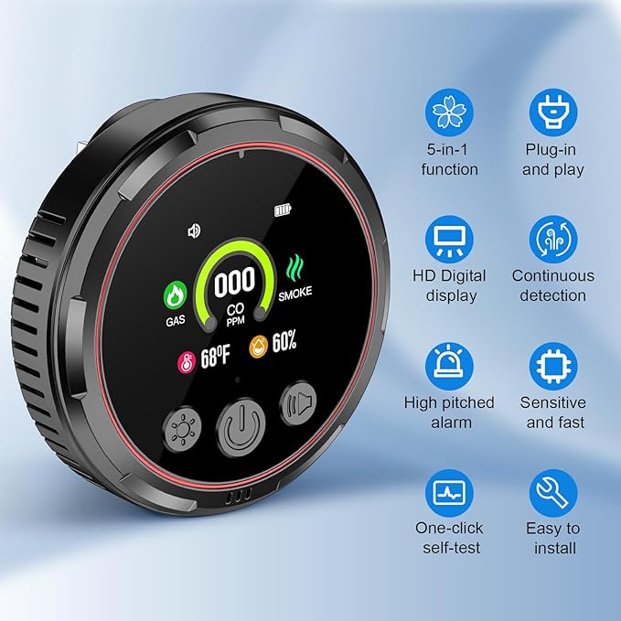 Carbon Monoxide Detectors, 5-in-1 Plug in Natural Gas & Smoke Detector, CO Methane Propane Combustible Combination Gas Alarm with Temp Humidity Sensor HD Screen for RV Home Travel Kitchen Black 1 Pack