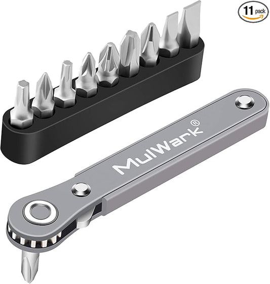 MULWARK 11pc Right Angle Screwdriver 1/4 Mini Ratchet Wrench Close Quarters Pocket Screwdriver Set with High Torque & Low Profile- EDC Tool with 90 Degree Mini Offset Reversible Drive Handle