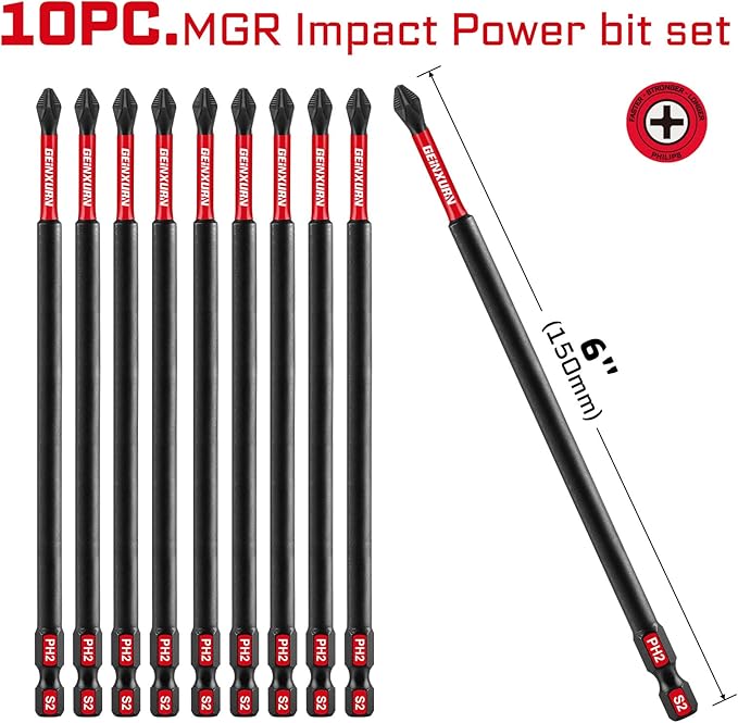 10Pieces Magnetic #2 Phillips 6 in. Hex Anti-Slip Screwdriver Bits, 1/4 Inch Hex Shank Long Impact Tough PH2 Cross Screwdriver Bits Set
