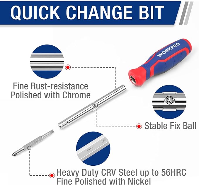 WORKPRO 15-in-1 Multi-bit Screwdriver Set Tool All in One, Portable Multi-purpose Screw-driver, Slotted/Philips/Torx/Square