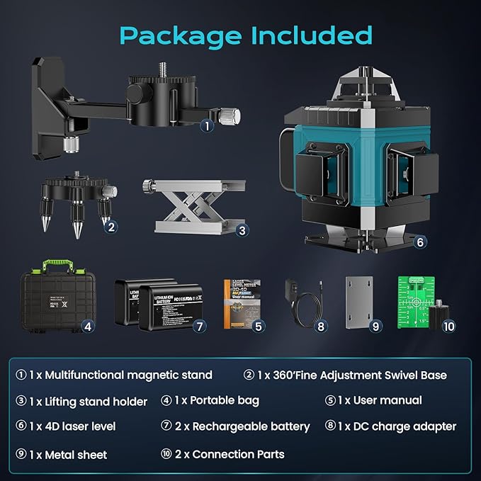 16 Line Laser Level 360 Self Leveling, 4x360°Professional 4D Green Cross Line laser Level with 2 Batteries, Adjustable Brightness & Remote Control, for Tiling Floor Construction and Picture Hanging