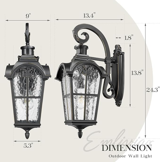 Emliviar 24" Motion Sensor Outdoor Light Fixtures Wall Mount, Aluminum Exterior Porch Light in Black Finish with Gold Edges, Outside Wall Light with Water Glass, WE305BL-SE BG-SW