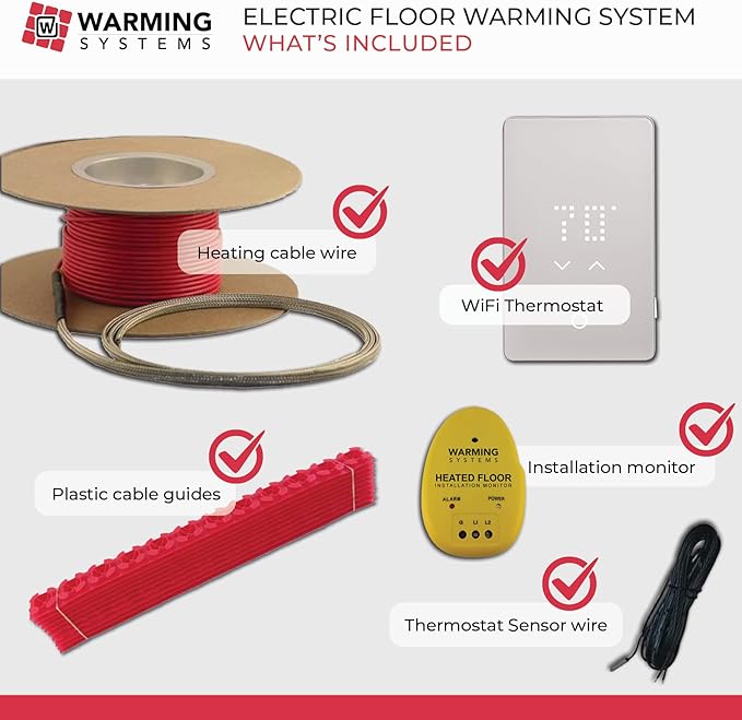 10 Sqft 120V Electric Radiant Floor Heating Kit – Includes Heating Cable, Programmable Thermostat, Sensor, Cable Guides, Installation Monitor and Under Tile Heated Floors
